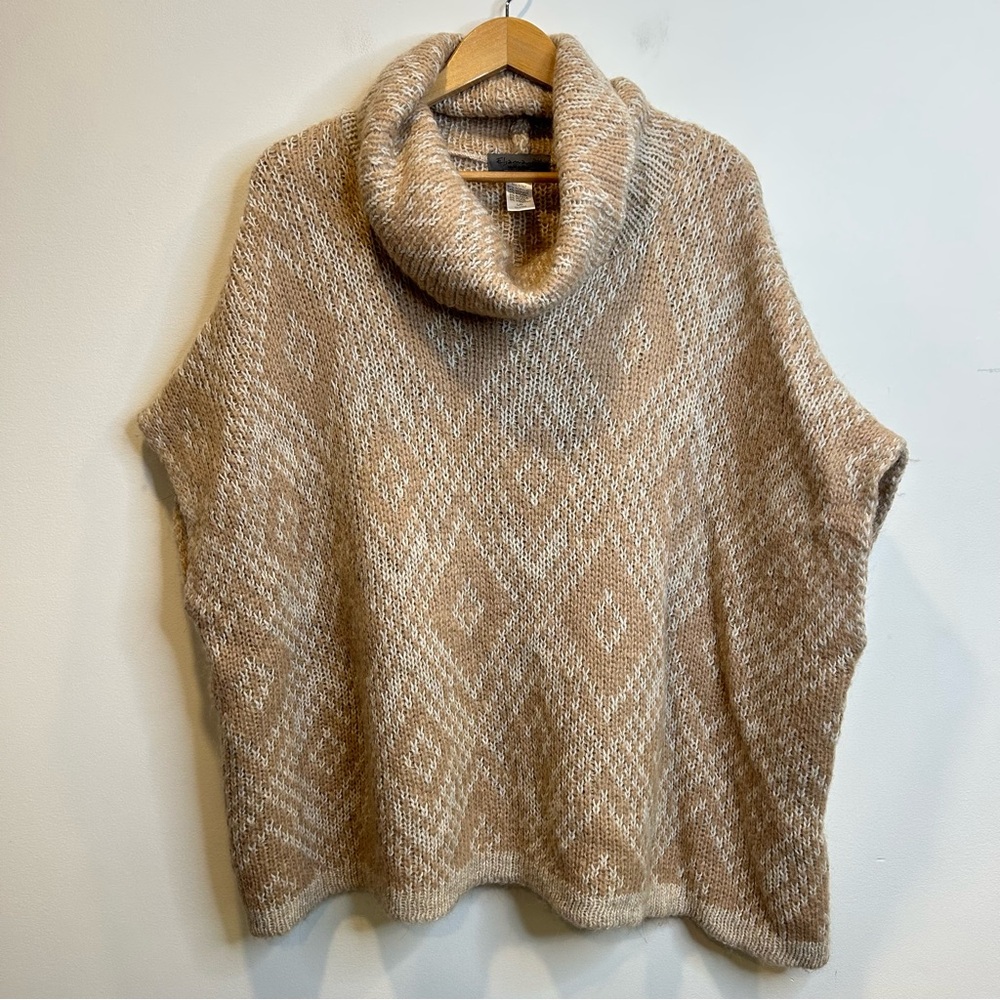 Elsamanda Mohair Alpaca Wool Blend Knit Turtleneck Poncho Sweater Beige